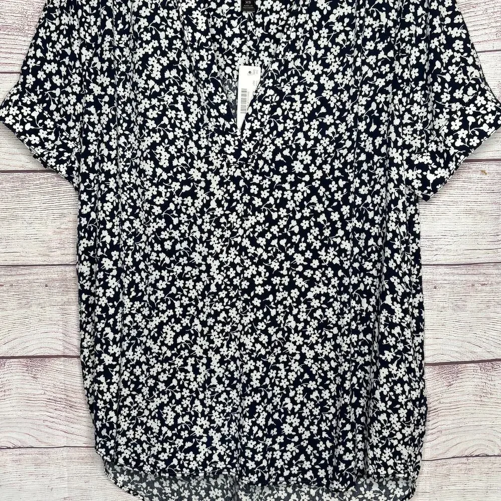 J. Crew Navy White Ditzy Floral Popover Cuff Short Sleeve Blouse Top Size XS New